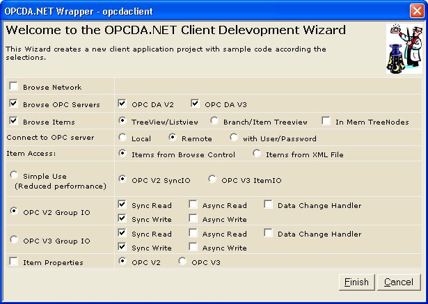 OPC Client poject wizard user interface