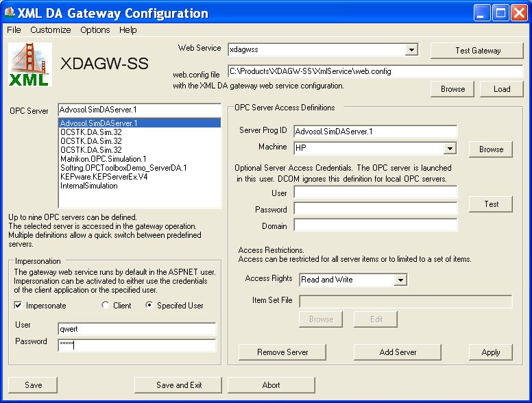 XML-DA Gateway Configuration Utility